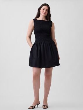 Gap Boatneck Smocked Mini Dress NWT M Spring LBD 100% Cotton Summer Event Black